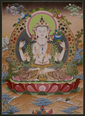 Four Armed Chengrezig Thangka | Bodhisattva Arts | Hand-Painted Tibetan Buddhist Decor